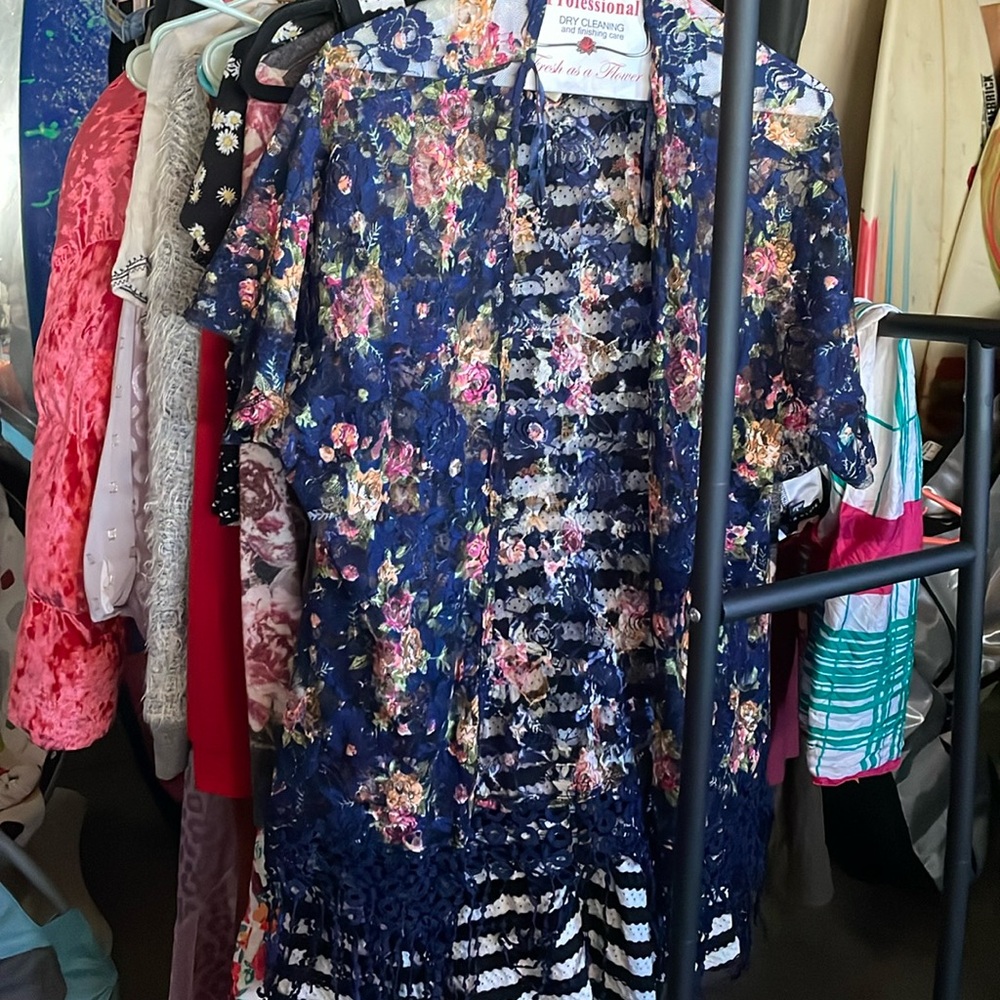 Blue Floral Kimono With Fringe